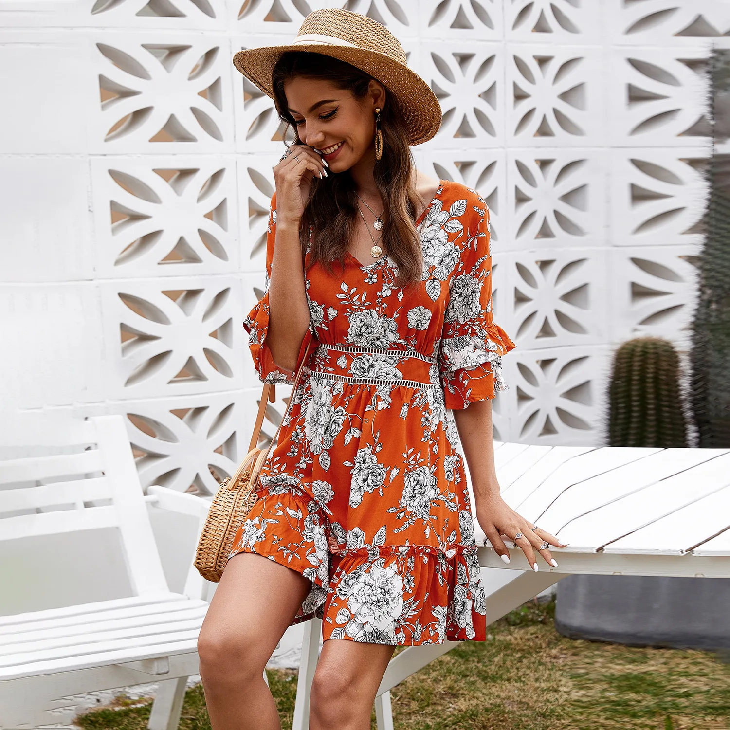 

Backless Sexy V Neck Holiday Print Dress Seaside Casual Women's Dress Spring Summer 2021 New High Waist Fashion Dress
