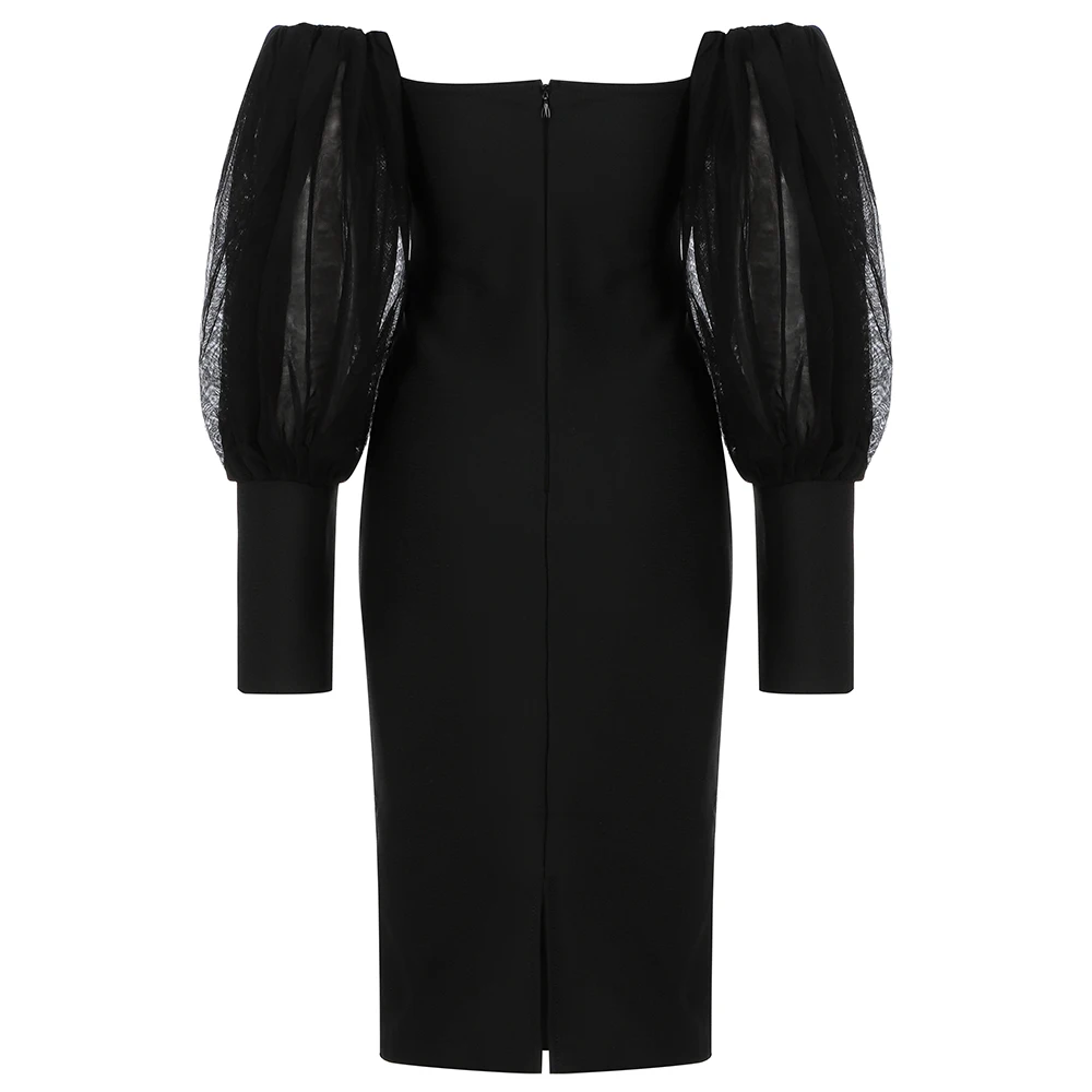 

Black Dress Top Quality Elegant Fashion Puff Sleeve Slsah Neck Lace Celebrity Party Dresses Sexy Bodycon Dress