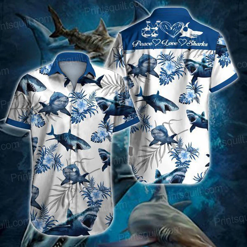 

Anime Printing Men Sport Button Shirt Hawaii Printing Casual Cartoon Shark Outdoor Clothing Shirt For Man