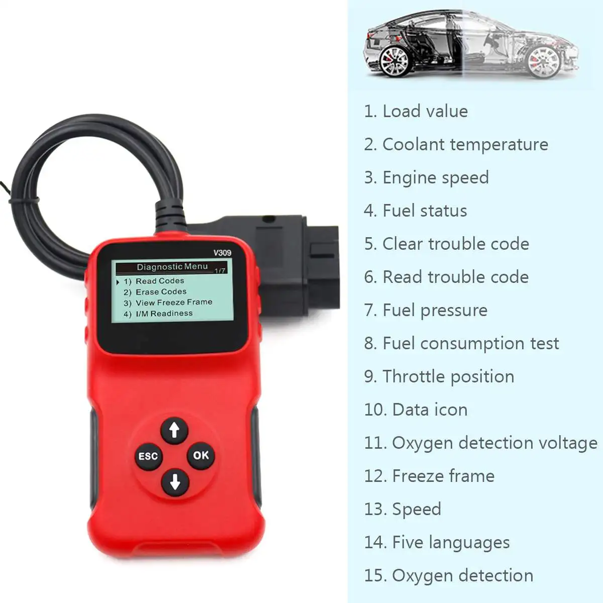 

Obd2 Scanner Auto Car Diagnostic Tool Handheld Car Diagnostic Repair Tool Automotive Erase/Reset Fault Codes Reader Newest V309
