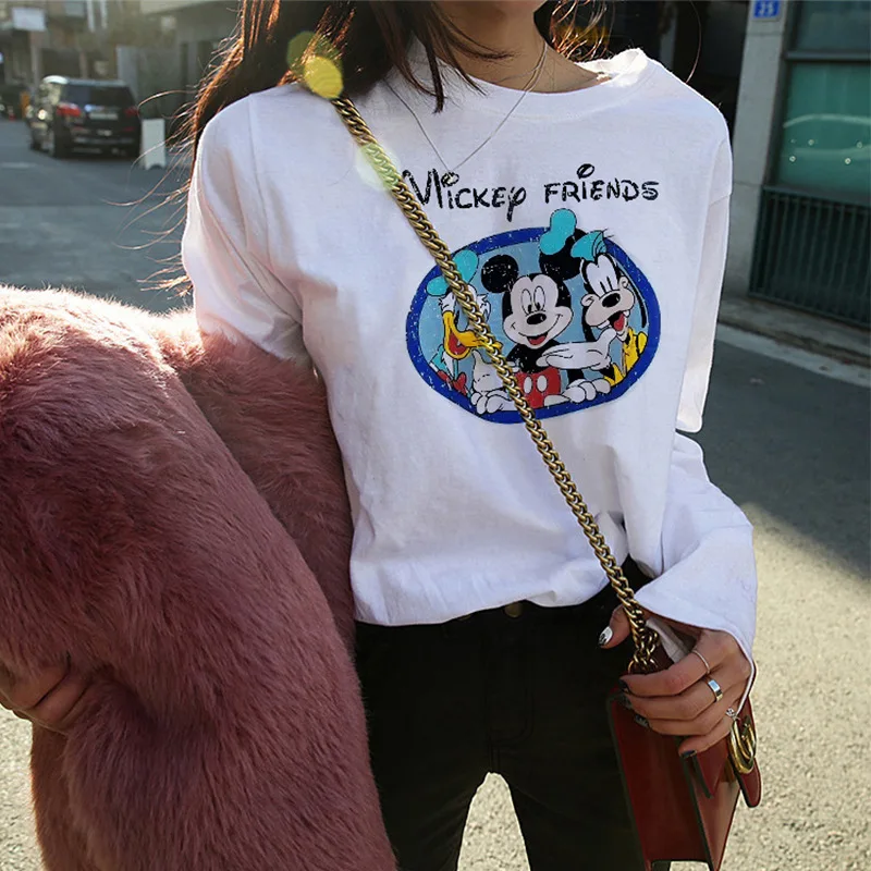 

Mickey Mouse Women's T-Shirt Long Sleeve Disney Cartoon Print Tees Donald Duck Letter Slim Top Kawaii Clothes Casual Anime Tops