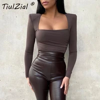 tiulzial square collar long sleeve ruched bodycon bodysuit for women autumn padded bodysuit women casual body female top black