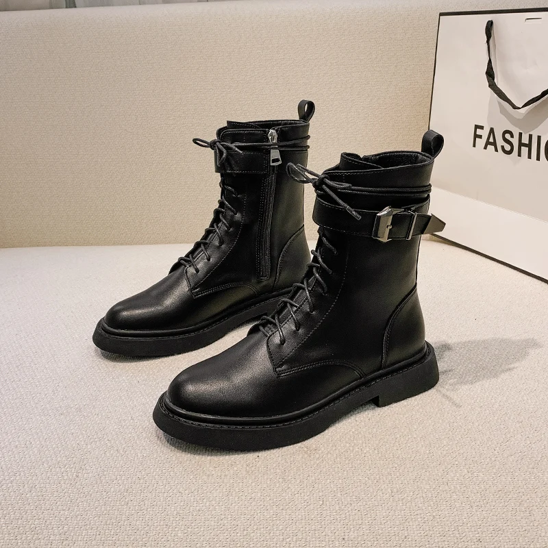 Boots for Girls Autumn Winter British Martin Boots 2021 New Thick Heel Thick Soled Locomotive Black Boots