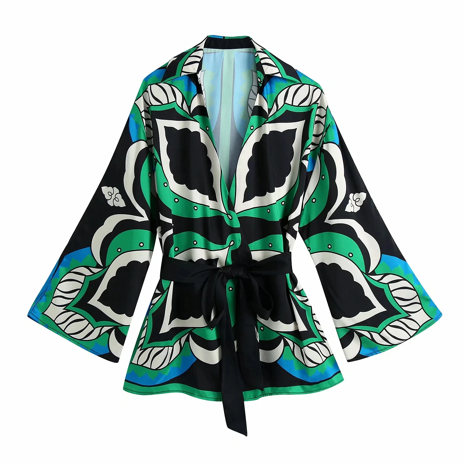 

2021 Summer Green Geometric Print Drop Shoulder Casual Holiday Beach Kimono Shirt Women Blouses Belted Wrap Tops
