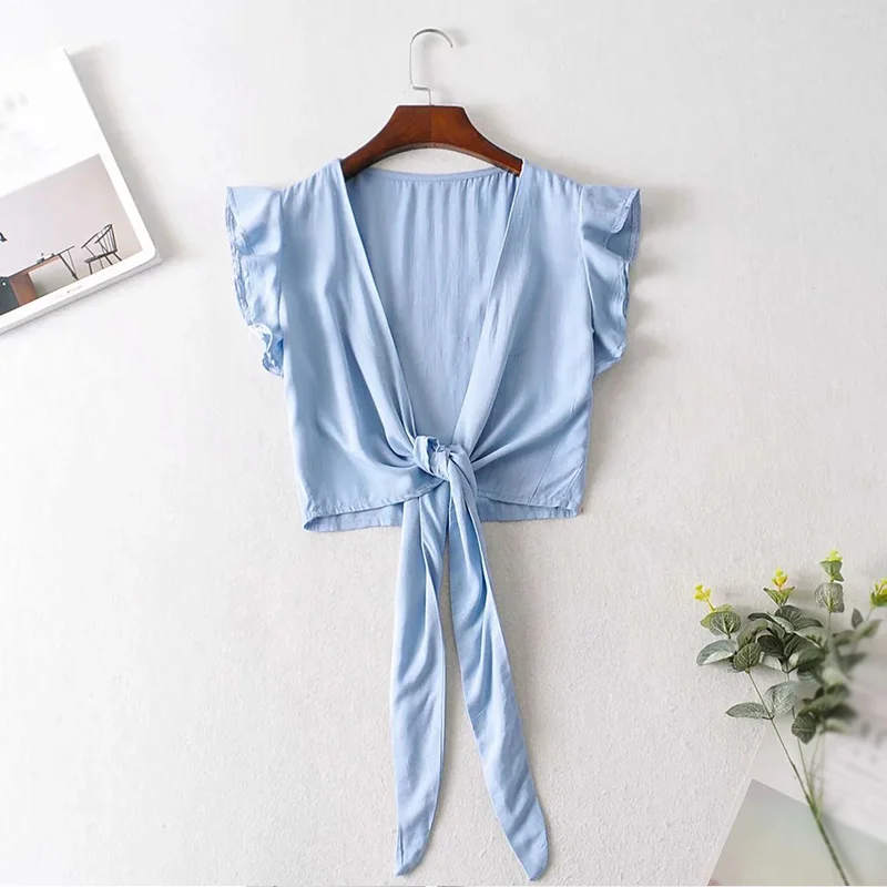 

Cotton Linen Ruffle Sleeve Lace Up Cropped Tops Women V-neck Knotted Boho Short Top 2021 Ins Chic Sexy Streetwear Ladies Clothes