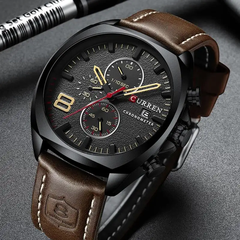 Часы наручные CURREN Мужские кварцевые Роскошные Аналоговые спортивные с кожаным