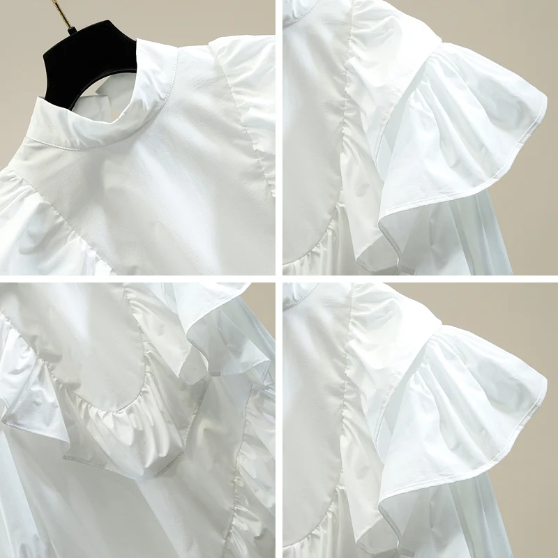 

Fashion Black Shirt Office Lady Irregular Ruffles Patched Flare Sleeve Stand Collar Fall Tops Sweet White Blouse Women