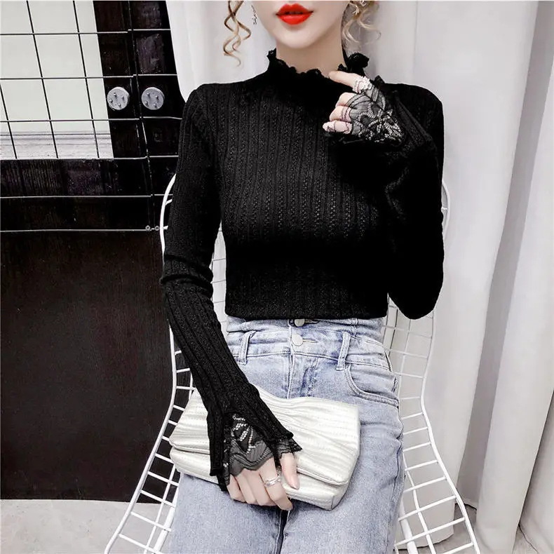 

Turtleneck Patchwork Lace Slim Fit Sweater Female Autumn Winter T-shirt Blouse Woman Sweaters Femme Chandails Pull Hiver