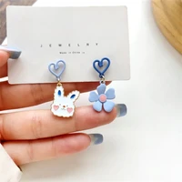 cute rabbit daisy asymmetry stud earrings for women sweet mini enamel flower blue heart ear jacket girl gift jewelry accessories