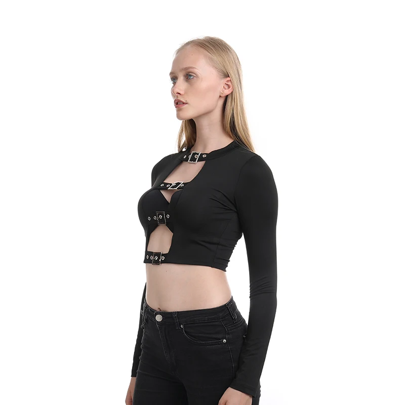 Женская футболка с пряжкой укороченный Готический кроп-топ в стиле панк одежда