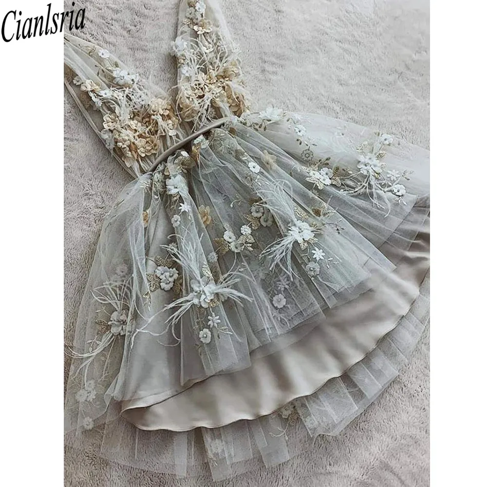 2021 Short Gray Lace Formal Graduation Homecoming Dresses Cute V Neck Floral Short Gray Lace Prom Dresses