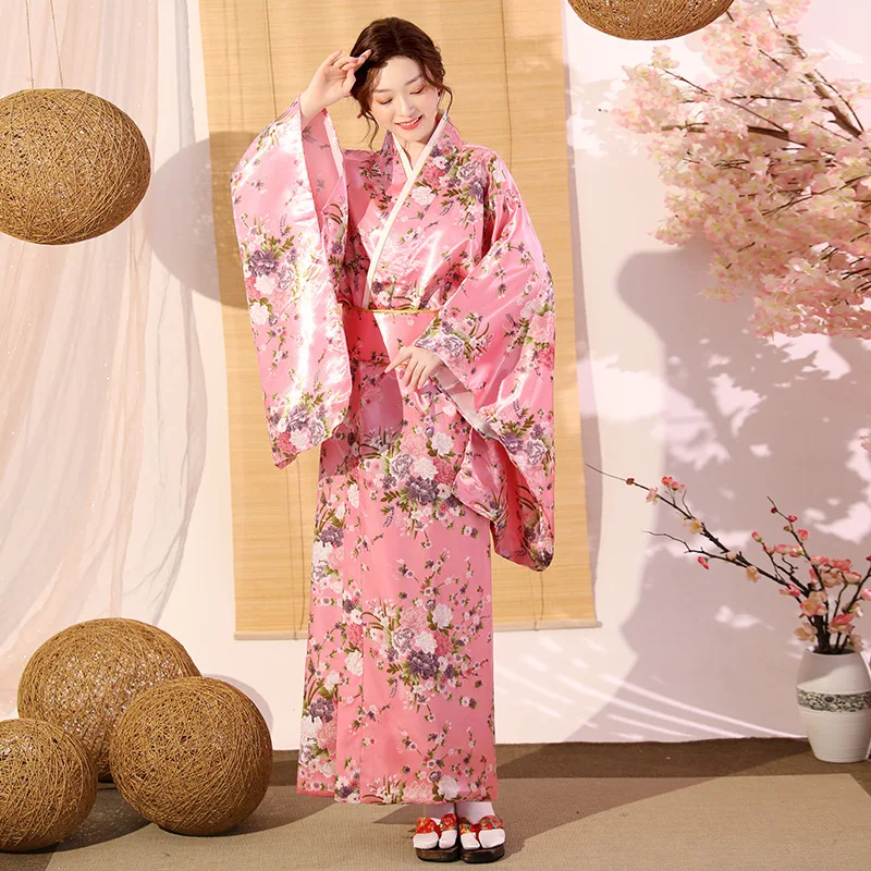 

Женский банный халат юката, Женский винтажный костюм для косплея, традиционное японское цветочное кимоно с Оби