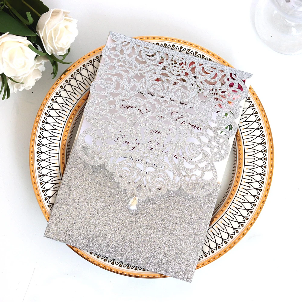 10pcs Pearl paper Business Invitation Glitter Openwork Pocket Rose Lace Card Wedding Universal | Дом и сад