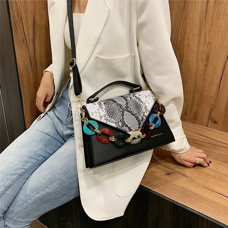 

Snakeskin Print Chain Bag Crossbody Luxury Handbags For Women 2020 Designer Purses Flap Clutch Bolso Mujer Torebki Damskie