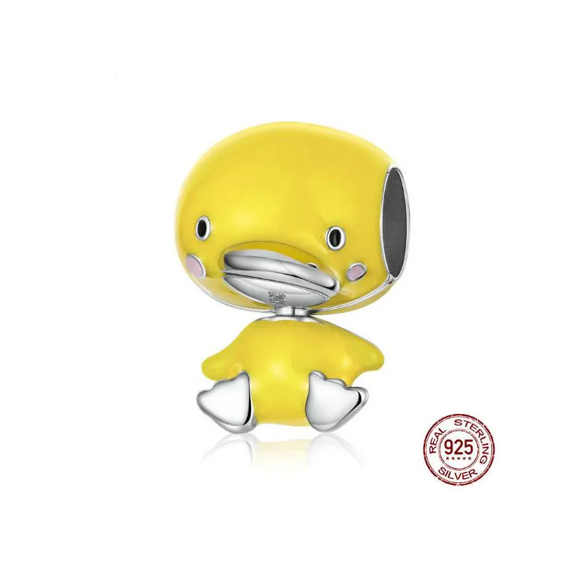 Милый 925 стерлингового серебра металлические бусины для женщин Эмаль Желтая утка