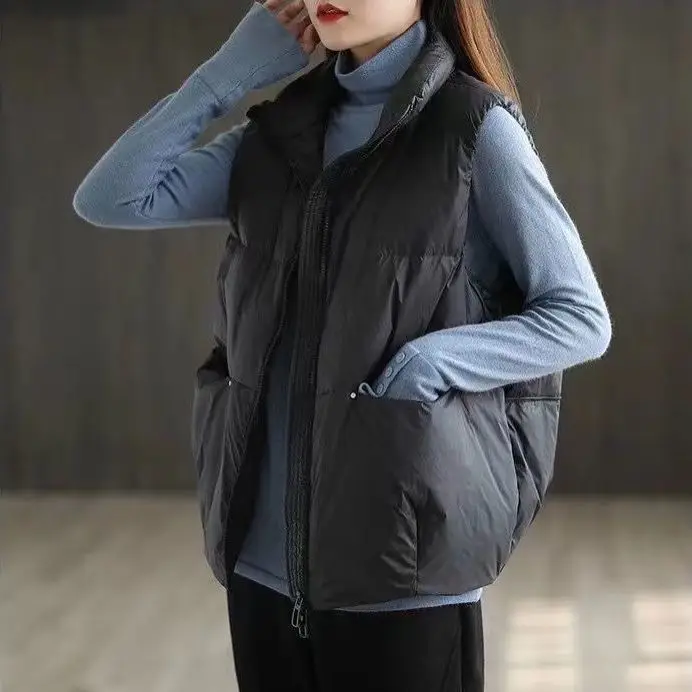 Women's Cotton Vest Short Korean Style Autumn and Winter New Casual Versatile Stand Collar Loose Windproof Thickening Vest Coat