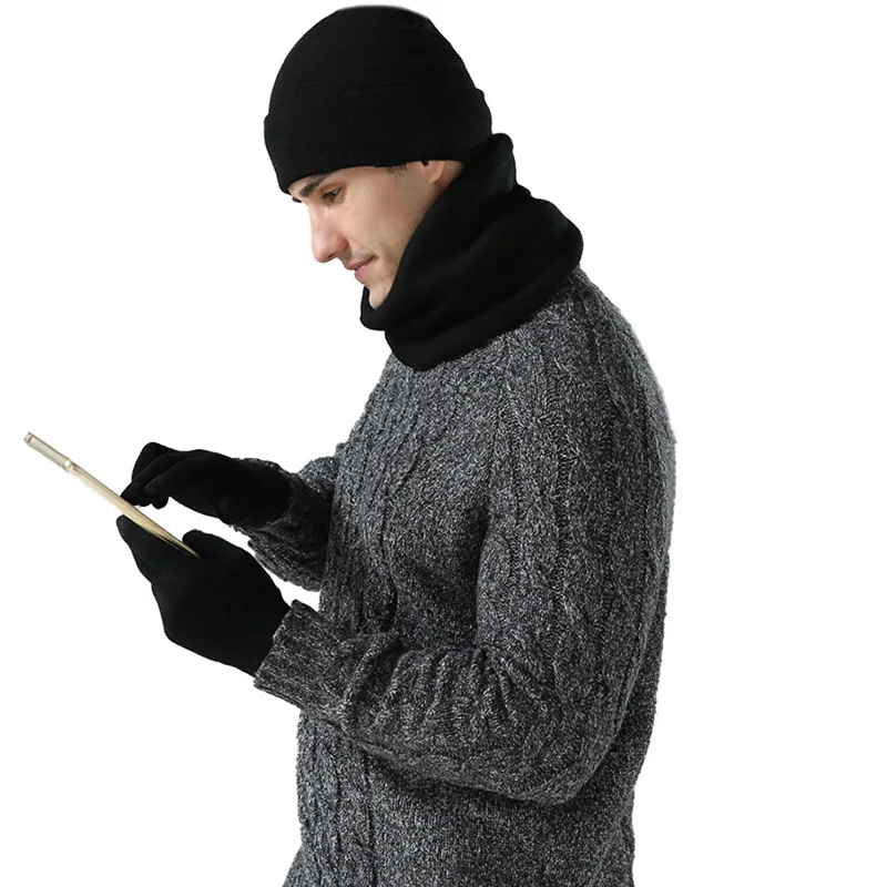 

Set of 3 winter unisex knitted beanie hats men's warm hat with bib touch screen gloves ladies hat beanie outdoor riding suit