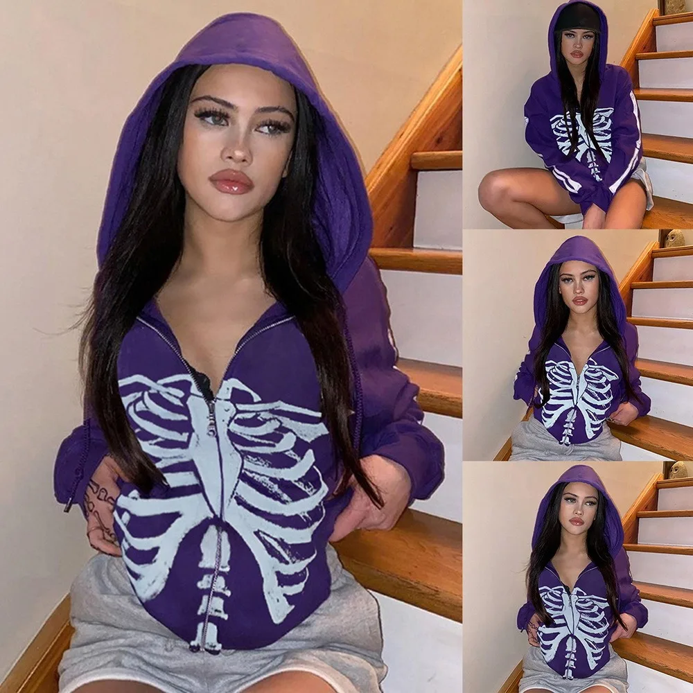 

E-girl Gothic Sweatshirt 90s Vintage Skull Bones Print Long Sleeve Zip Up Coats Top Women Autumn Winter Hooded Punk Clothes
