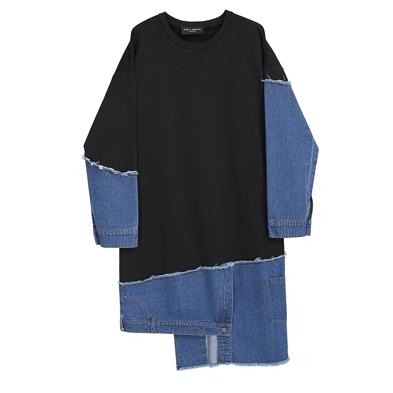 

SuperAen 2021 Spring New Fashion Loose O Neck Denim Patchwork Full Mid-Calf Dresses Women