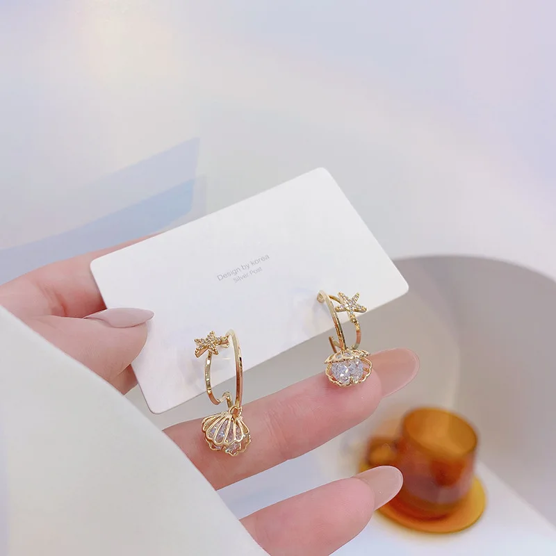 

New design double layer temperament zircon starfish shell earrings temperament net red same style earrings for women