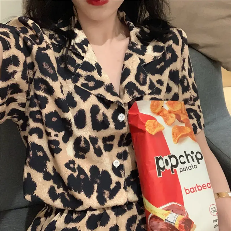 QWEEK Leopard Nightwear Korean Pajamas Women Summer 2021 Short Sleeve Pyjamas Two Piece Set Pijamas Turn-down Collar Sleepwear