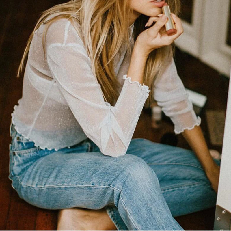 Lossky футболки Короткие топы женские Vogue белые сексуальные короткие прозрачные