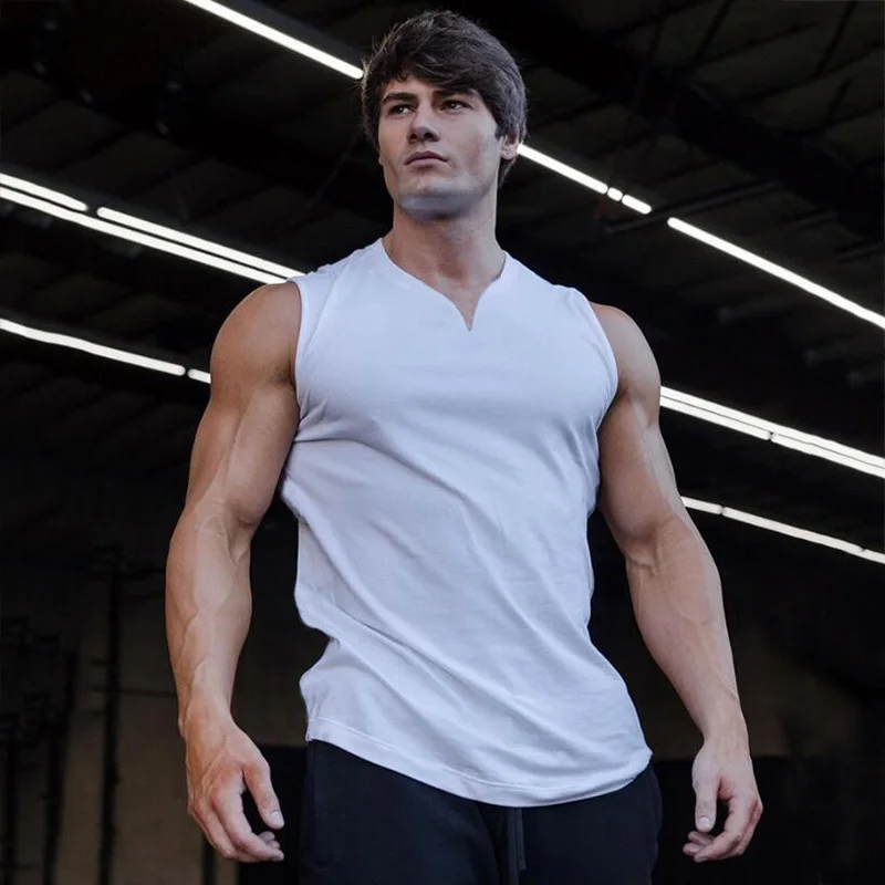 

Summer Cotton V-neck Bodybuilding Stringer Tank Top Men Gym Singlets Fitness Clothing Workout Sleeveless Shirt Slim Sportswear