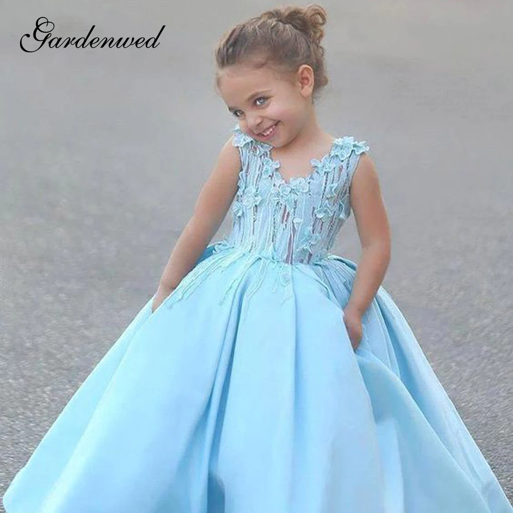 Платья для девочек с милыми голубыми цветами и кружевной аппликацией длинное