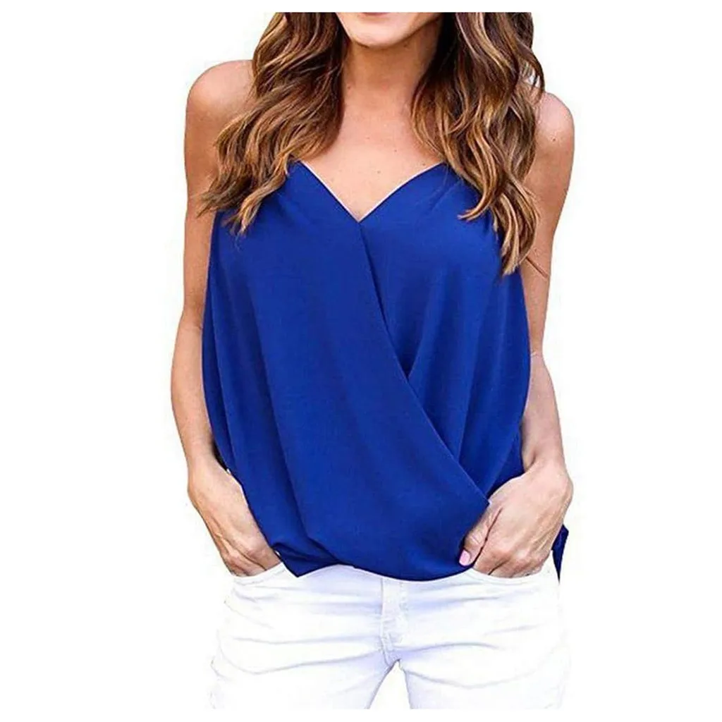 Однотонная шифоновая футболка без рукавов женские свободные летние топы 2020 v