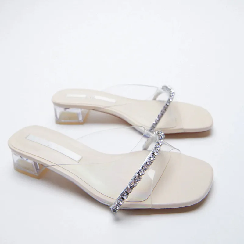 

Прозрачные шлепанцы на ремешке Стразы с открытым носком открытая задняя обувь на толстом каблуке средней высоты внешняя одежда сказочные с...