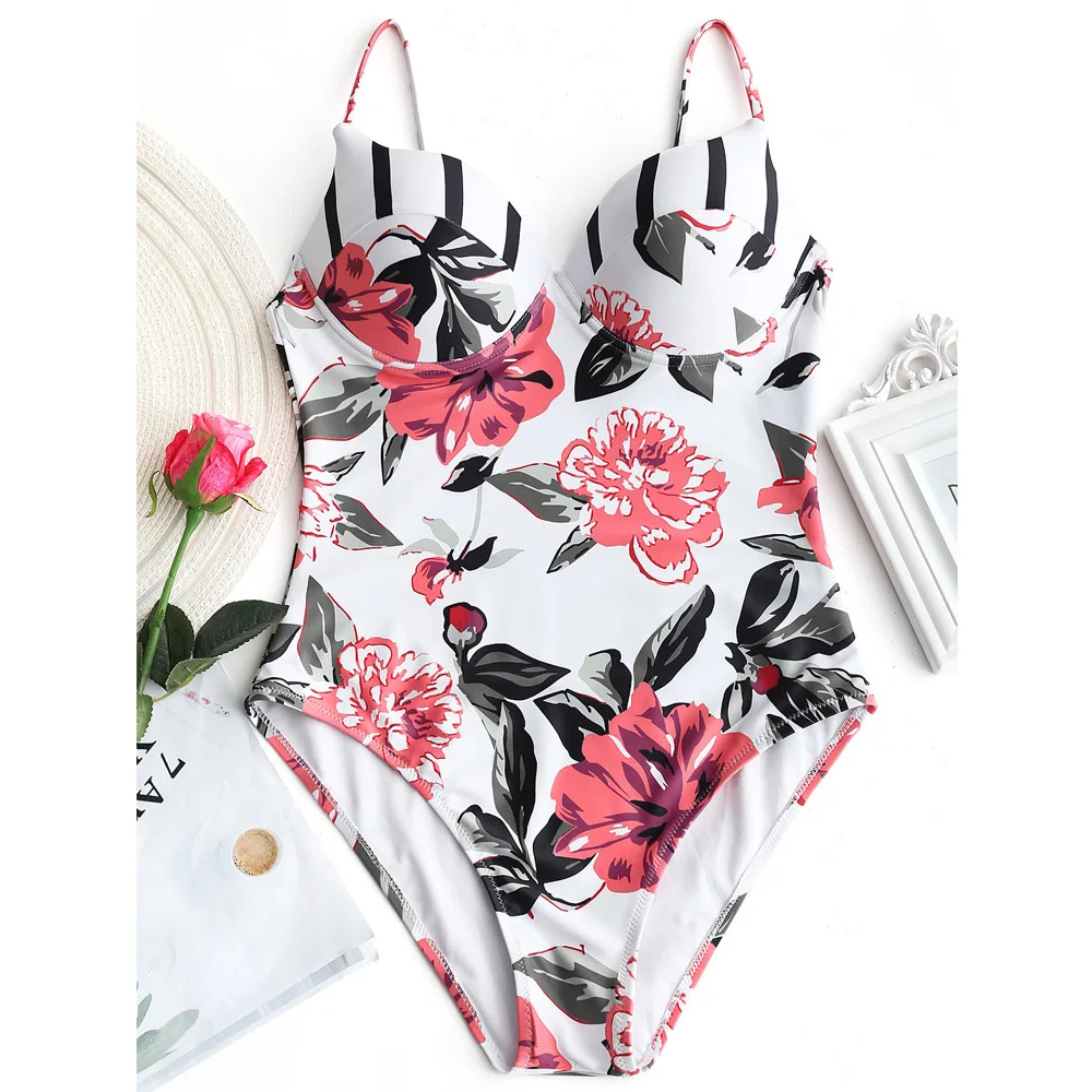 Новинка 2019 сексуальный цельный купальник женский с цветочным принтом пуш-ап