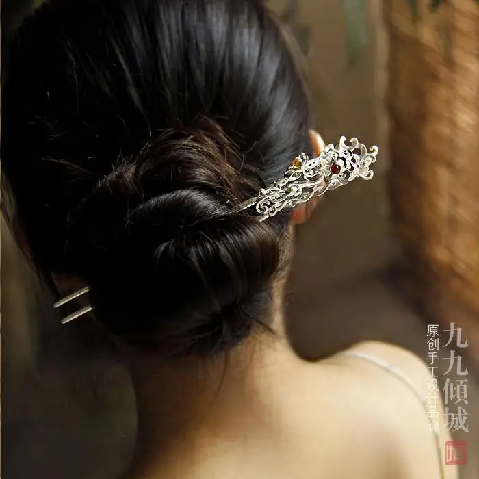 

Summer special hairpin tassels step by step Chinese style peony bat retro temperament ladies silver jewelry