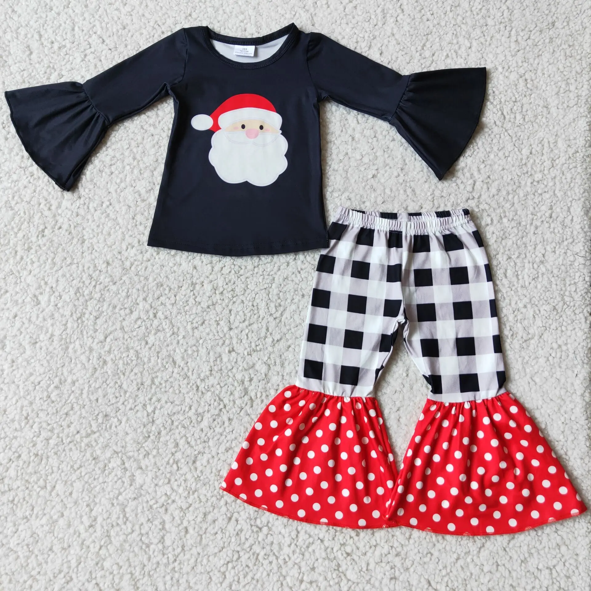 

New Baby Girl Clothing Christmas Santa Claus Print Long Sleeves With Ruffles Top Plaid Pants 2 Pcs Outfits Hot Kid Clothes Set