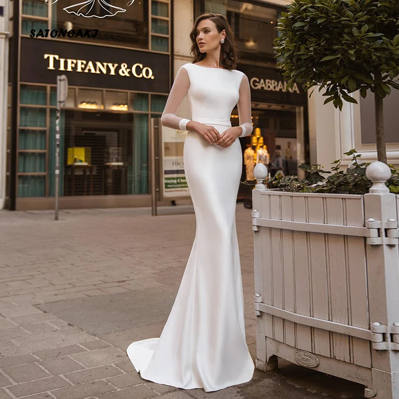 

Женское атласное свадебное платье It's yiiya, белое платье в стиле бохо с длинным рукавом и глубоким вырезом на спине на лето 2019