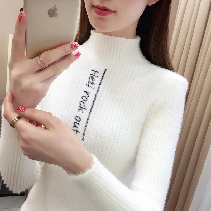 

2021 new imitation mink sweater women's Pullover half high neck thickened slim fit inner knitting bottoming shirt