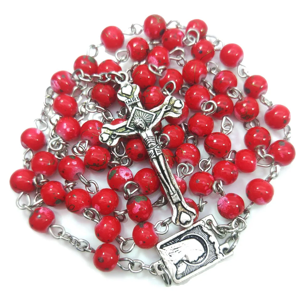

Colorful Rose Glass Bead Catholic Rosary Cross Pendant Necklace Hand-Held Rosary Necklace Long Chain Jewelry Women Accessories
