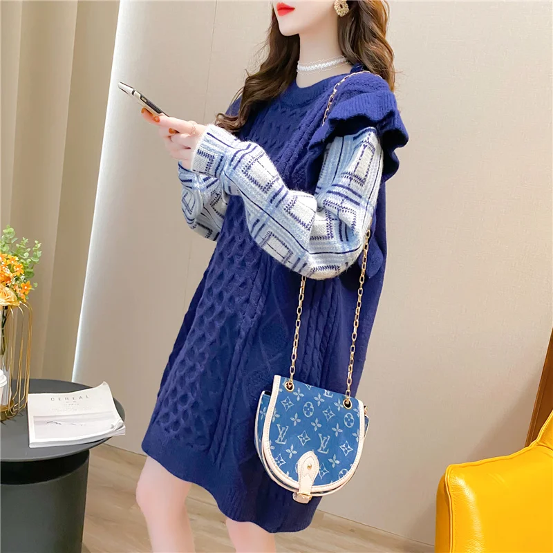 

VANOVICH Korean Japan Style Casual Fashion Stitching Long Knitted Sweater 2022 Autumn and Winter New Pullovers