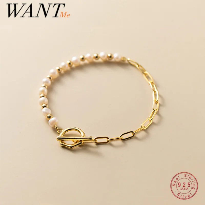 

WANTME Baroque Natural Pearl 925 Sterling Silver Gothic Link Chain Charm OT Buckle Bracelet for Women Fine Bracelet Jewelry Gift