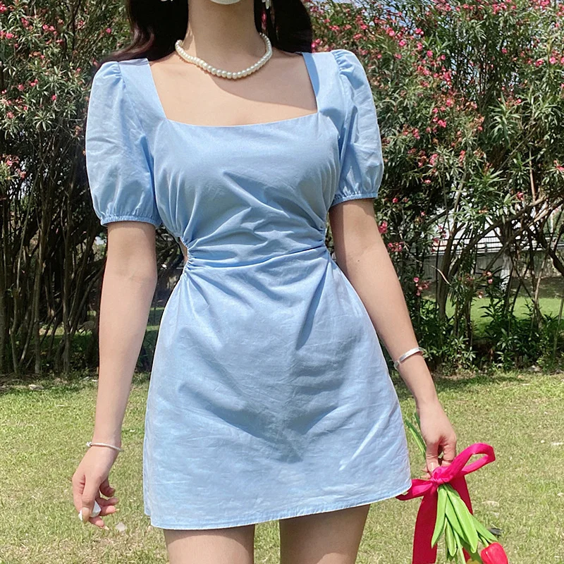 

Summer women's design sense hollow open waist square neck dress slim fit bubble sleeve head thin A-line wrap hip skirt