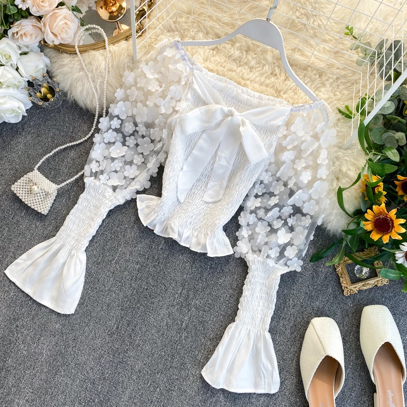 Блузка женская с пышными рукавами французская винтажная сетчатая короткая