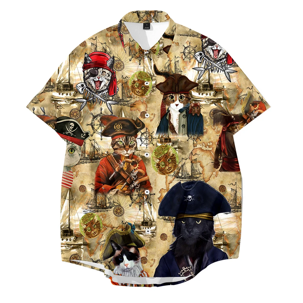 

Summer Printing Hawaiian Shirt Vintage Map Pirate Cat Men Short Sleeve Streetwear Lapel Casual Shirts Button Camisa Plus Size