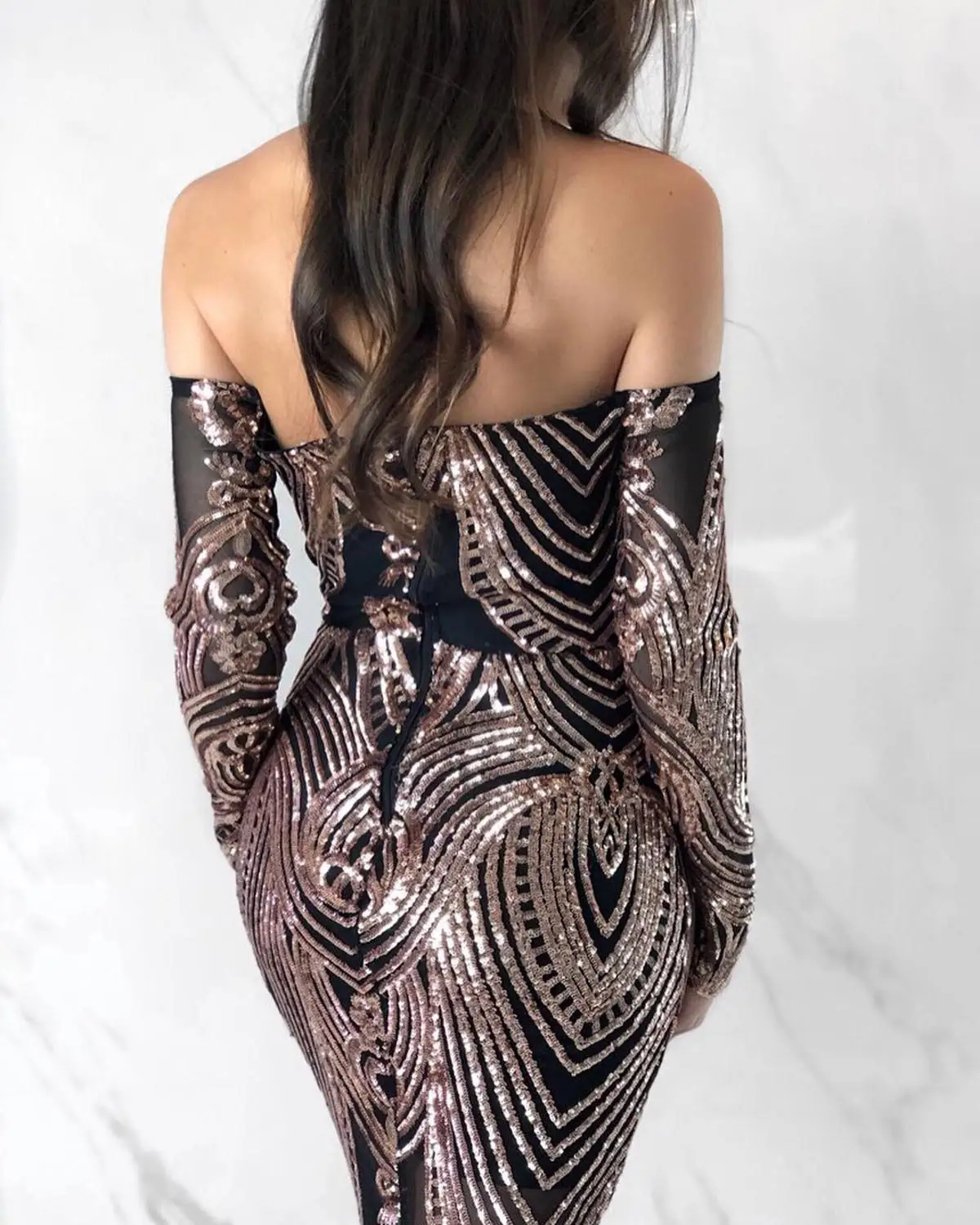

Yeinchy ladies Slash Neck Off Shoulder Sequin Women Maxi Dresses Elegant Long Sleeve Female stretch Party Dresses FY2034