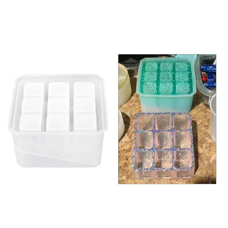 

2Pcs Resin Mold Round 9-Slot Jewelry Box Lipstick Storage Case Silicone Mould