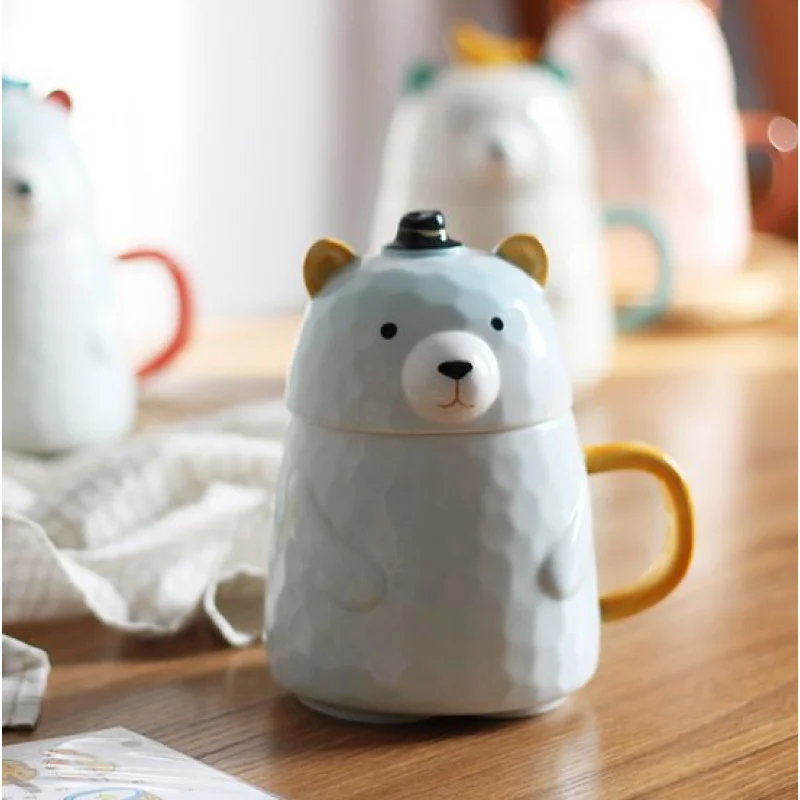 

Cute little bear ceramic cup with lid cartoon big belly Mug office couple coffee cup creative water cup
