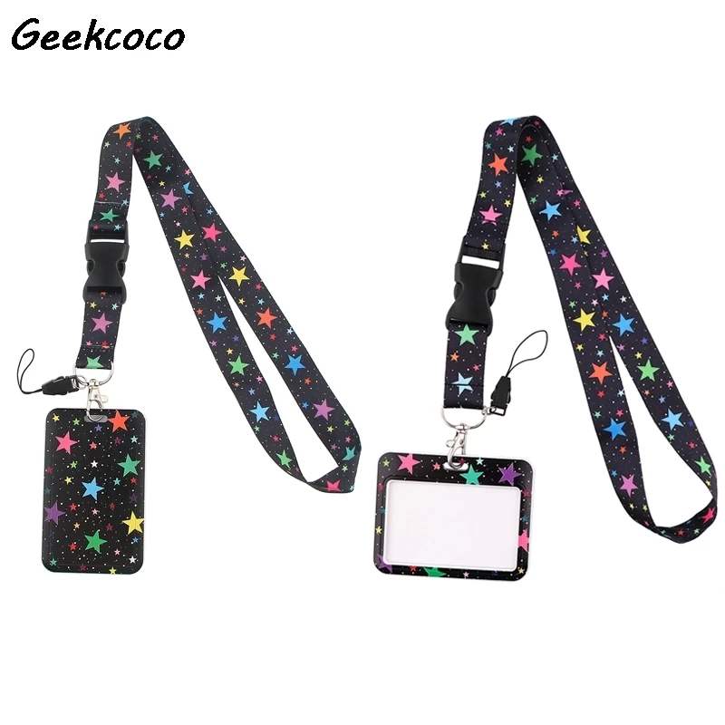 

J2713 Creative Fashion Cartoon Colorful Star Lanyards With Buckle Bus ID Name Work Card Cover Badge Holder Accessories Gifts