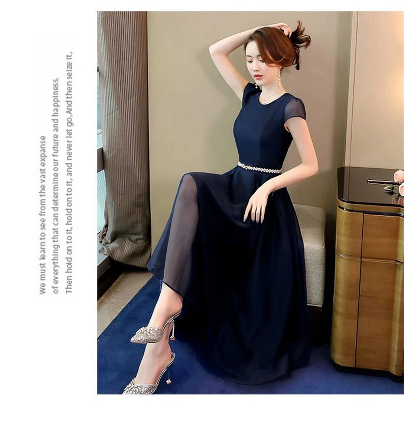

Elegant Mid-length Chiffon Short-sleeved Dress with Pearl Belt Showing Thin Ladies Temperament Gentle Wind Chiffon A-line Dress