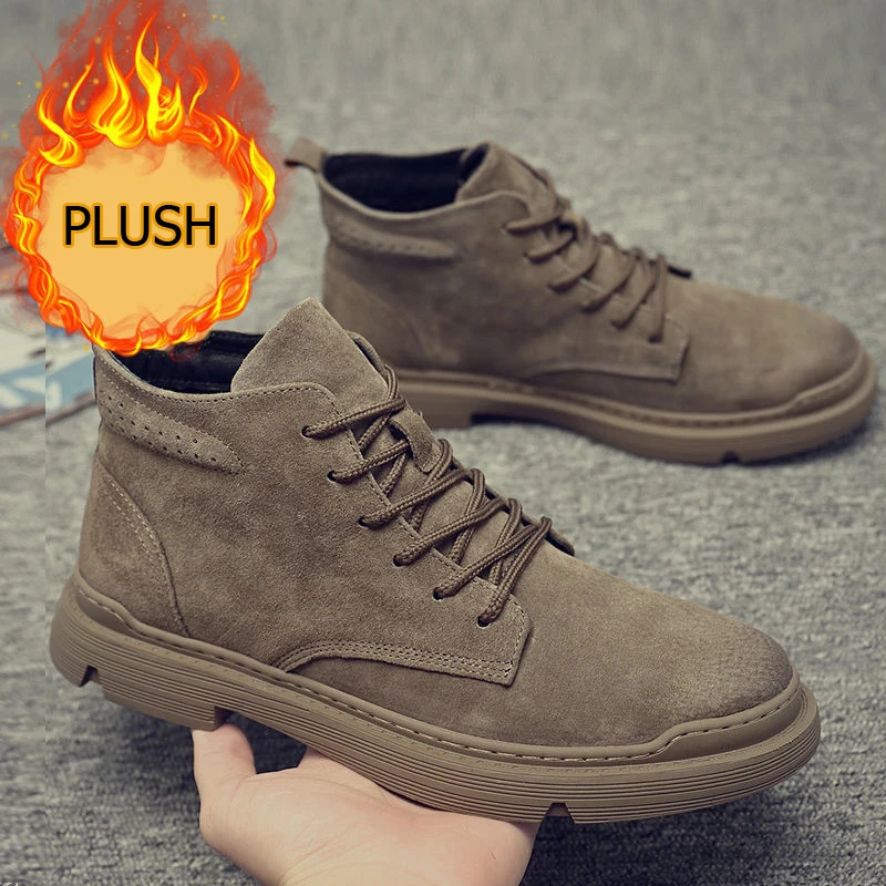 

XIZOU Men Winter Boots plush 2021 Winter Casual Boots Men Brand Ankle Botas trend Leather Lace-up Men's Boots warm snow boots