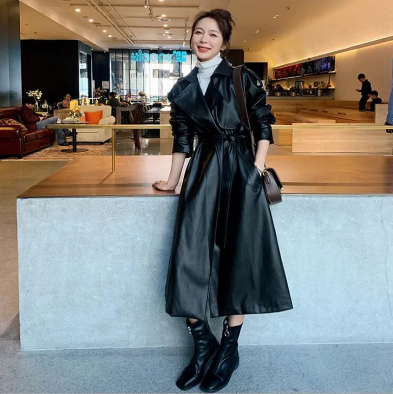 Fashion Long black leather trench coat for women long sleeve belt lapel Women fashion 2021 Luxury spring British Style outerwear