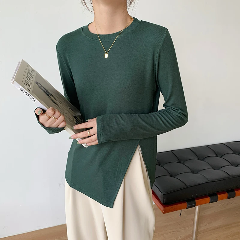 Осень 2021 женские футболки с длинным рукавом и круглым вырезом однотонные - Фото №1