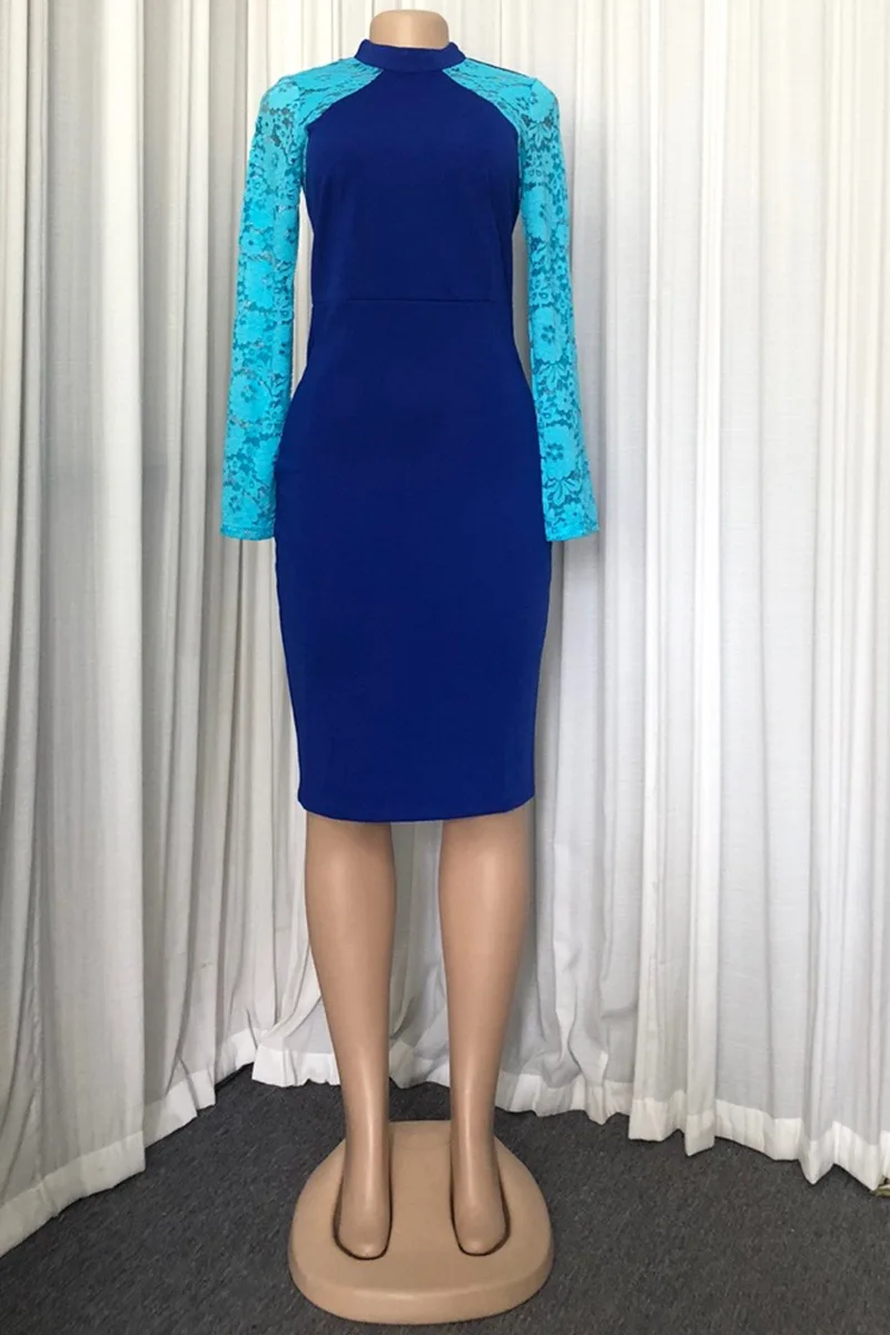 Женское платье с круглым вырезом синее сексуальное облегающее в стиле пэчворк